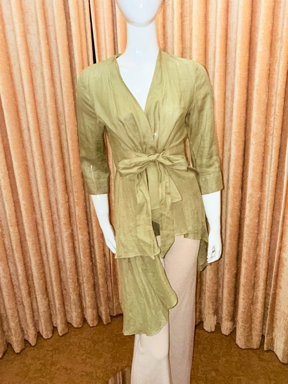 Zara Olive Green Tie-Front Sheer Blouse